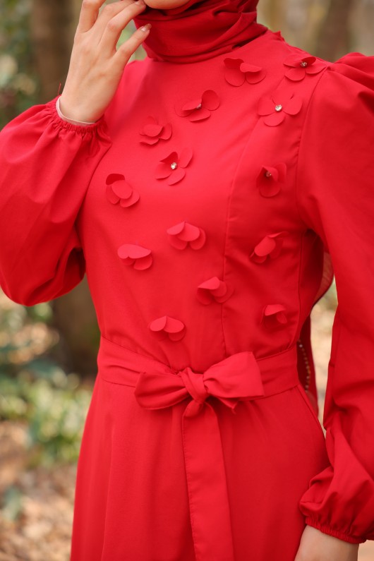 4586 - Çiçek Detaylı Tesettür Elbise Kirmizi-A2