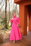 4586 - Çiçek Detaylı Tesettür Elbise Koyu Pembe-A2