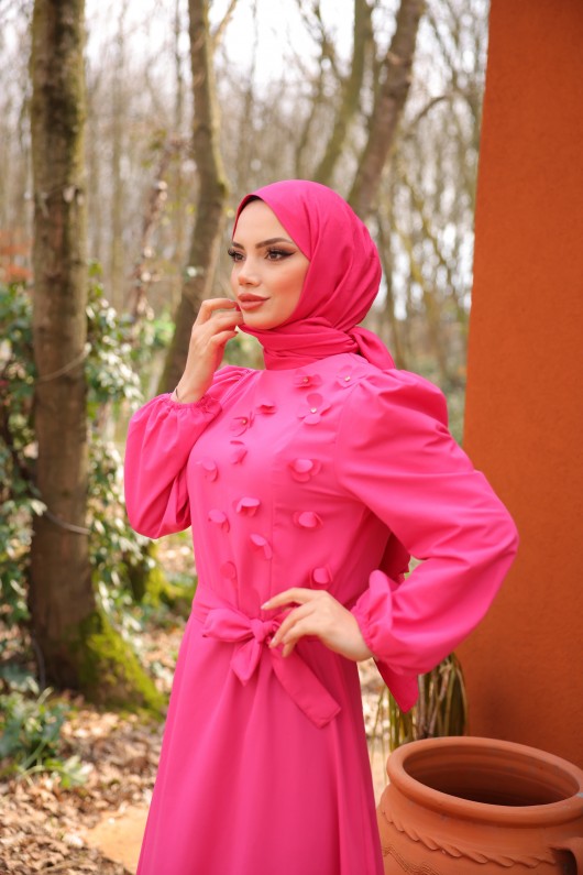 4586 - Çiçek Detaylı Tesettür Elbise Koyu Pembe-A2