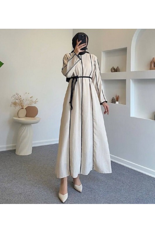 61495 - Kuşaklı Keten Tesettür Elbise Si̇yah