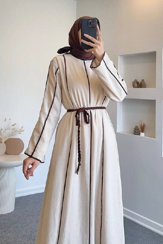 61495 - Kuşaklı Keten Tesettür Elbise Kahverengi̇