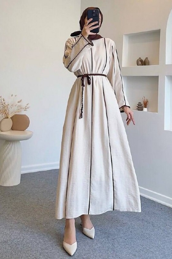 61495 - Kuşaklı Keten Tesettür Elbise Kahverengi̇ 61495 - Kuşaklı Keten Tesettür Elbise Kahverengi̇