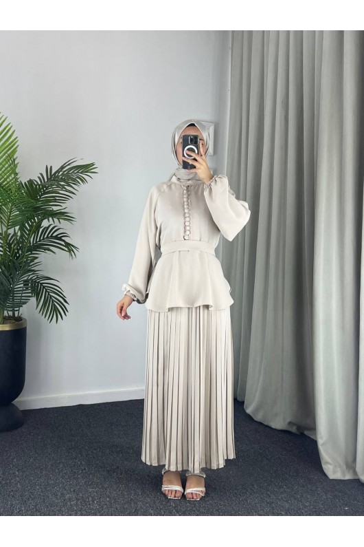 4532 - Krep Tesettür İkili Takım Bej-Z12