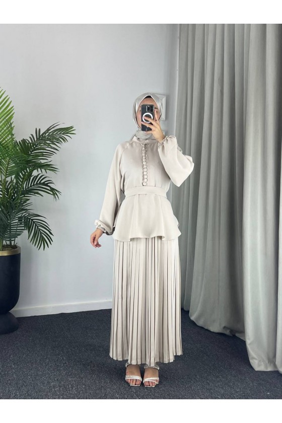 4532 - Krep Tesettür İkili Takım Bej-Z12