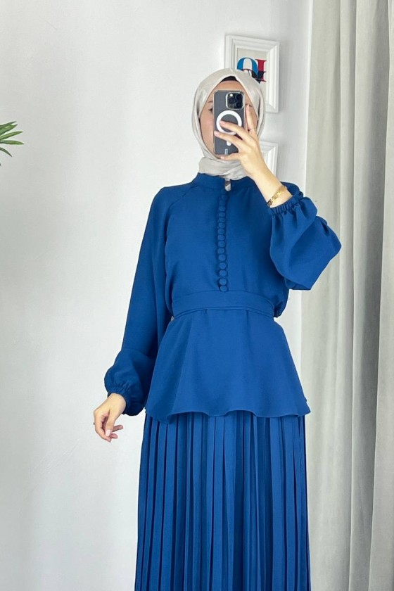 4532 - Krep Tesettür İkili Takım Mavi̇-Z12