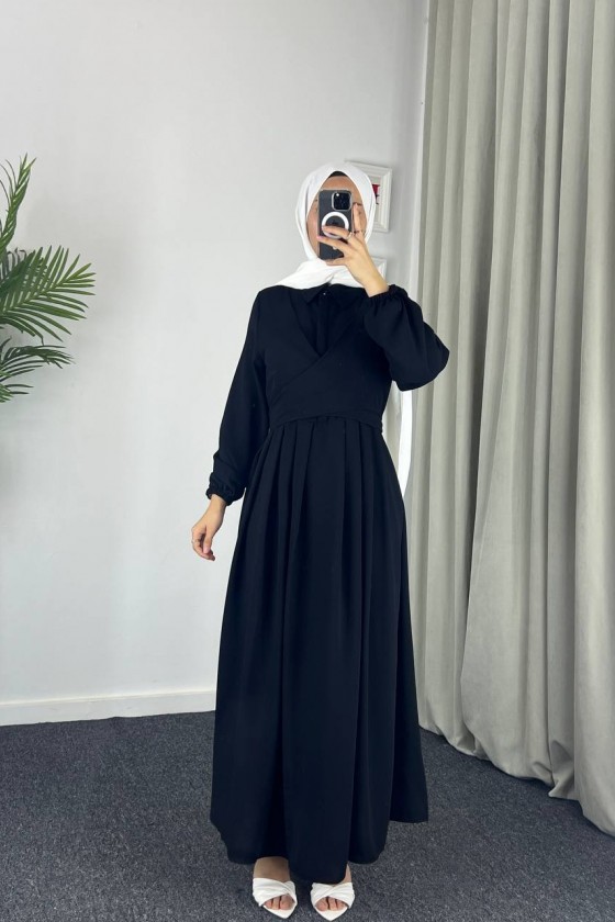 4538 - Kuşak Detaylı Tesettür Elbise Si̇yah-M5