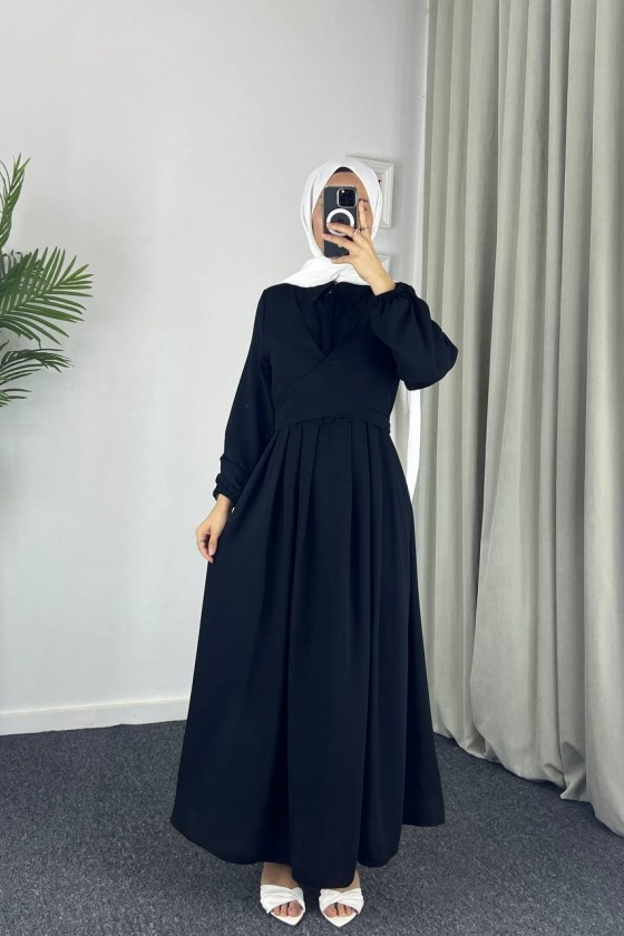 4538 - Kuşak Detaylı Tesettür Elbise Si̇yah-M5