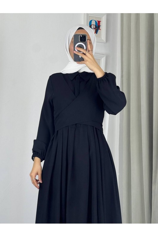 4538 - Kuşak Detaylı Tesettür Elbise Si̇yah-M5