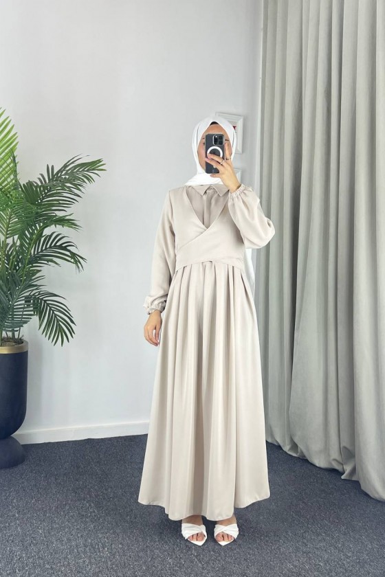 4538 - Kuşak Detaylı Tesettür Elbise Bej-M5