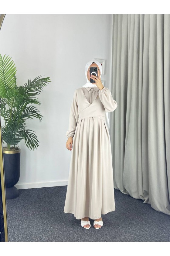 4538 - Kuşak Detaylı Tesettür Elbise Bej-M5