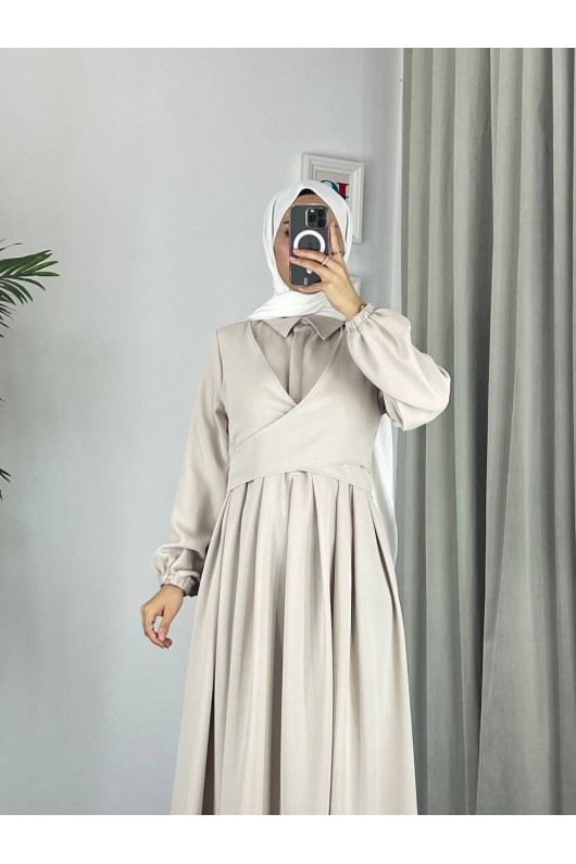 4538 - Kuşak Detaylı Tesettür Elbise Bej-M5 4538 - Kuşak Detaylı Tesettür Elbise Bej-M5