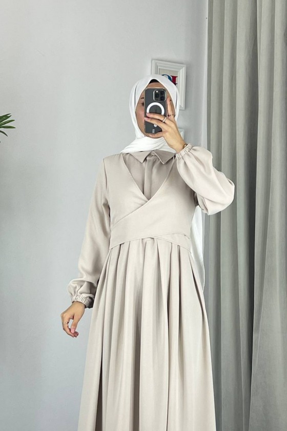 4538 - Kuşak Detaylı Tesettür Elbise Bej-M5