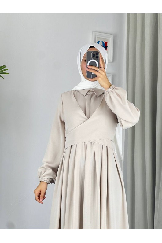 4538 - Kuşak Detaylı Tesettür Elbise Bej-M5 4538 - Kuşak Detaylı Tesettür Elbise Bej-M5