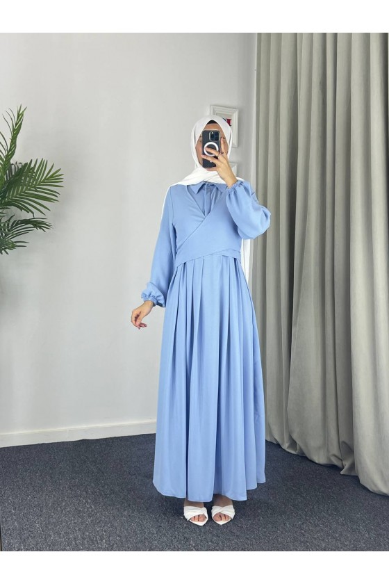 4538 - Kuşak Detaylı Tesettür Elbise Mavi̇-M5