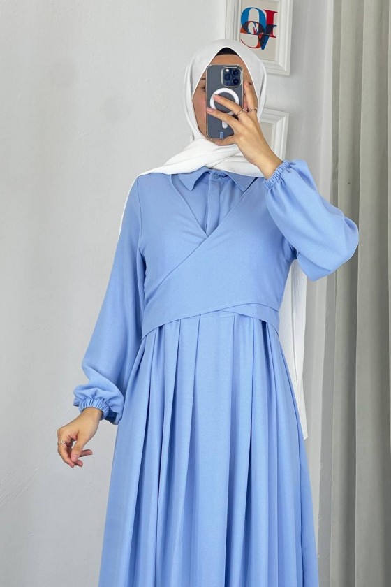 4538 - Kuşak Detaylı Tesettür Elbise Mavi̇-M5