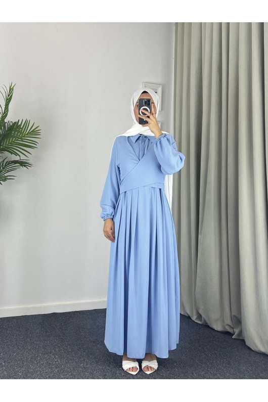 4538 - Kuşak Detaylı Tesettür Elbise Mavi̇-M5