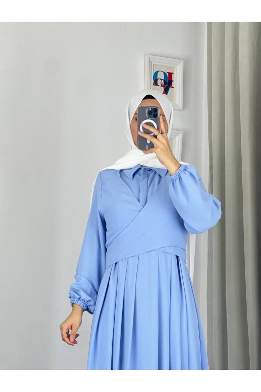4538 - Kuşak Detaylı Tesettür Elbise Mavi̇-M5