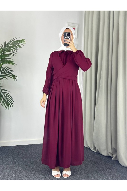 4538 - Kuşak Detaylı Tesettür Elbise Bordo-M5