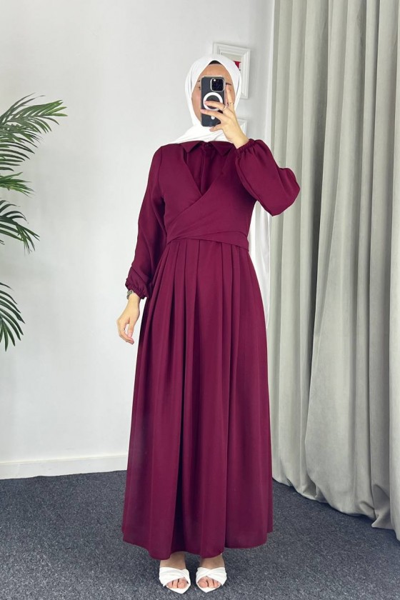 4538 - Kuşak Detaylı Tesettür Elbise Bordo-M5
