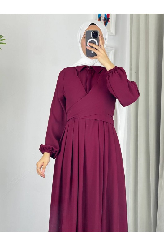 4538 - Kuşak Detaylı Tesettür Elbise Bordo-M5