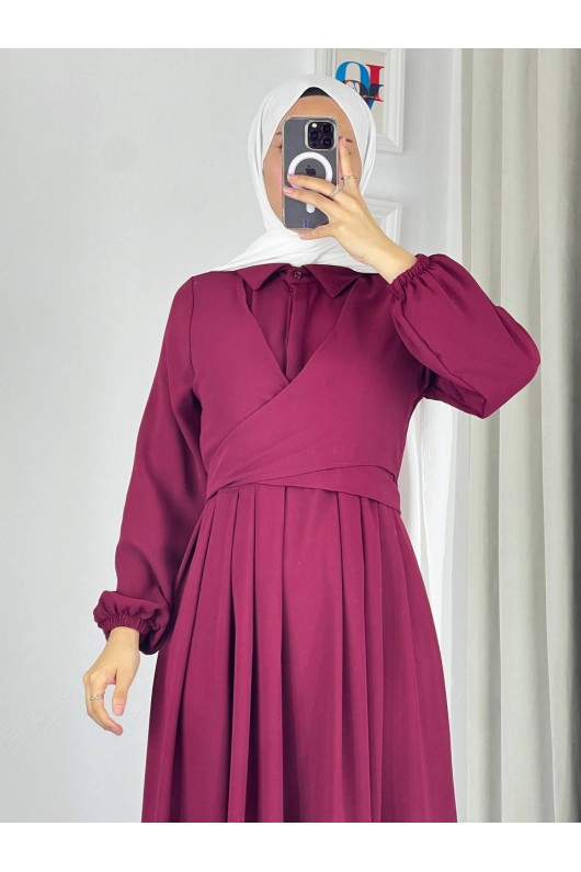 4538 - Kuşak Detaylı Tesettür Elbise Bordo-M5