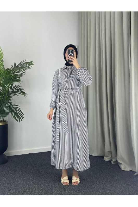 4540 - Çizgili Tesettür Elbise Si̇yah-Z8