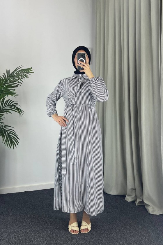 4540 - Çizgili Tesettür Elbise Si̇yah-Z8