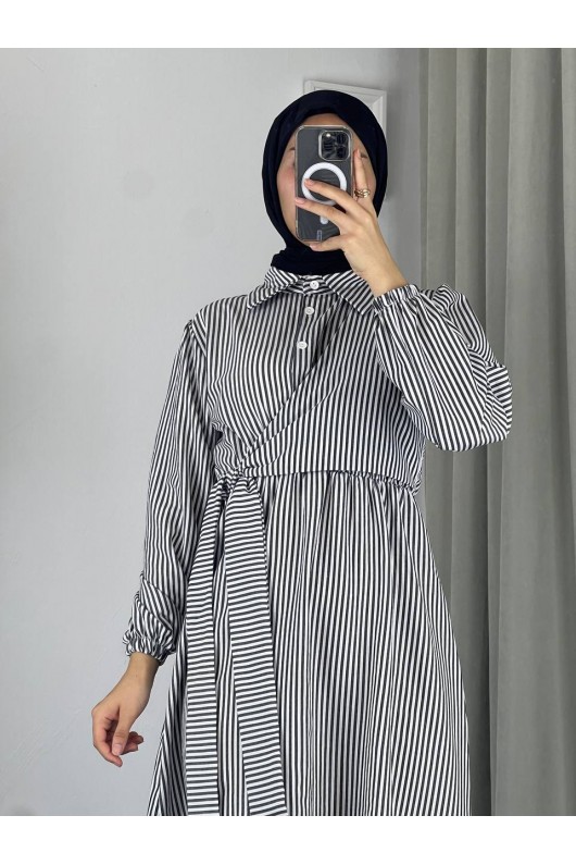 4540 - Çizgili Tesettür Elbise Si̇yah-Z8