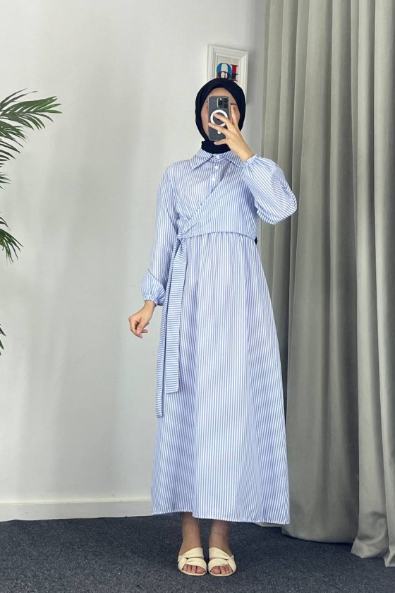 4540 - Çizgili Tesettür Elbise Mavi̇-Z8