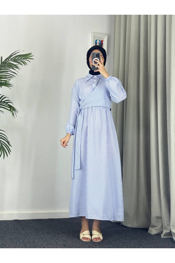 4540 - Çizgili Tesettür Elbise Mavi̇-Z8