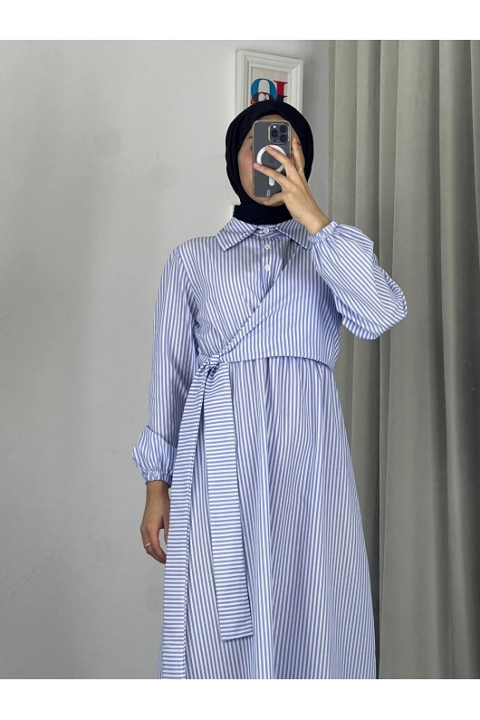 4540 - Çizgili Tesettür Elbise Mavi̇-Z8