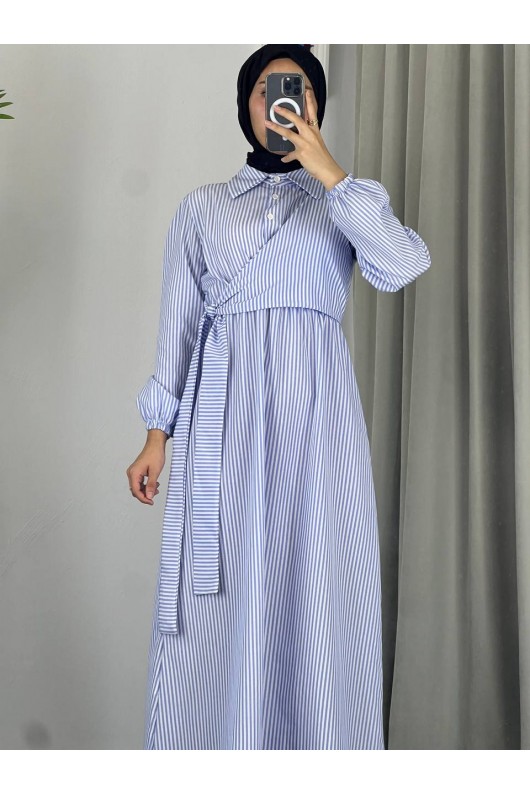 4540 - Çizgili Tesettür Elbise Mavi̇-Z8