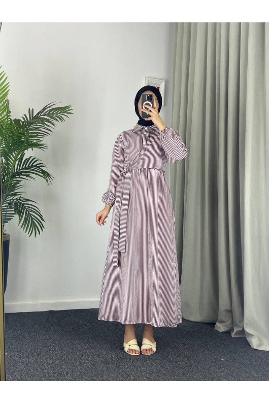 4540 - Çizgili Tesettür Elbise Mor-Z8