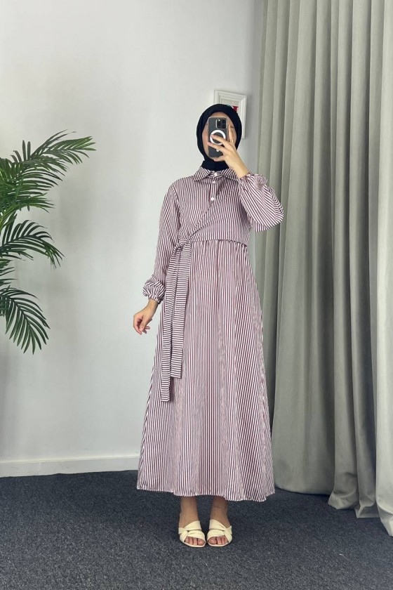 4540 - Çizgili Tesettür Elbise Mor-Z8