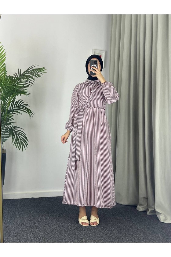 4540 - Çizgili Tesettür Elbise Mor-Z8