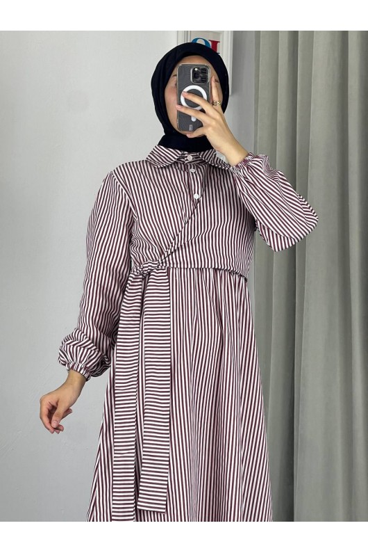 4540 - Çizgili Tesettür Elbise Mor-Z8