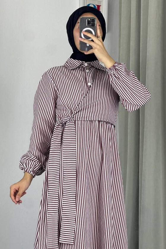 4540 - Çizgili Tesettür Elbise Mor-Z8