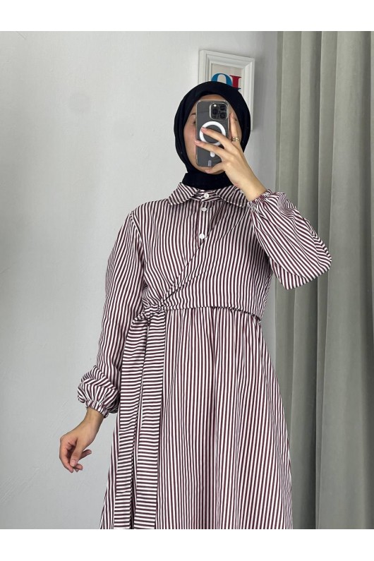 4540 - Çizgili Tesettür Elbise Mor-Z8