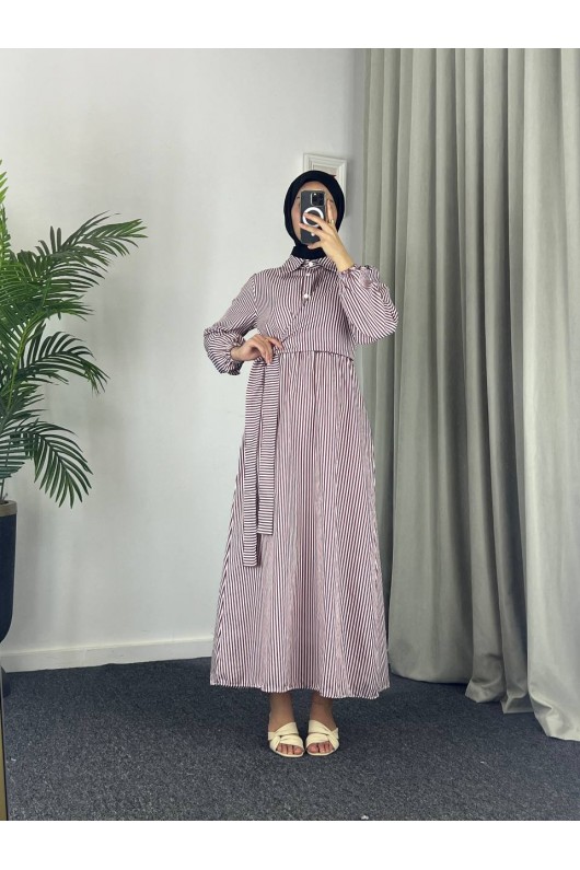 4540 - Çizgili Tesettür Elbise Mor-Z8