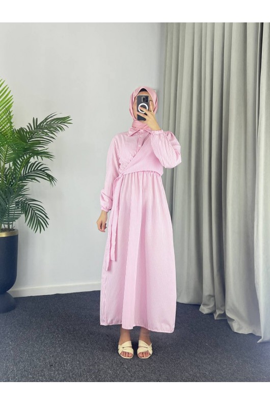 4540 - Çizgili Tesettür Elbise Pembe-Z8 4540 - Çizgili Tesettür Elbise Pembe-Z8