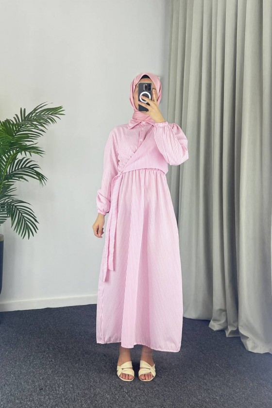 4540 - Çizgili Tesettür Elbise Pembe-Z8