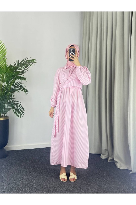 4540 - Çizgili Tesettür Elbise Pembe-Z8