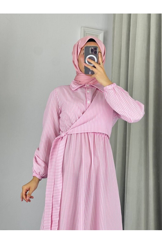4540 - Çizgili Tesettür Elbise Pembe-Z8 4540 - Çizgili Tesettür Elbise Pembe-Z8