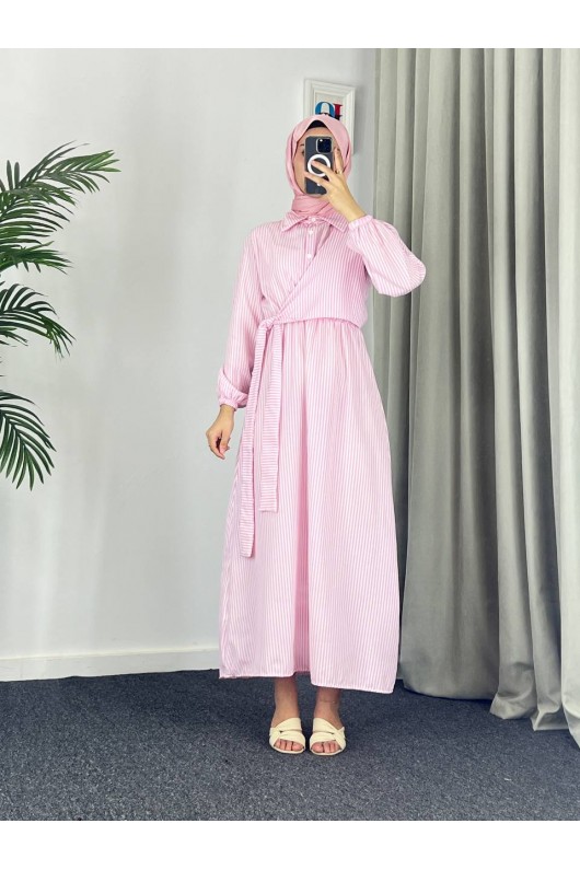4540 - Çizgili Tesettür Elbise Pembe-Z8 4540 - Çizgili Tesettür Elbise Pembe-Z8