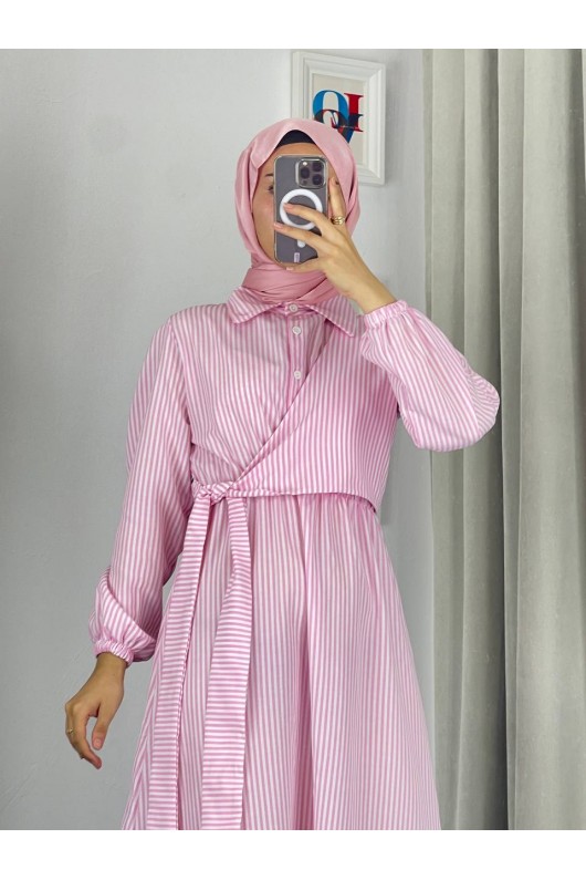 4540 - Çizgili Tesettür Elbise Pembe-Z8 4540 - Çizgili Tesettür Elbise Pembe-Z8