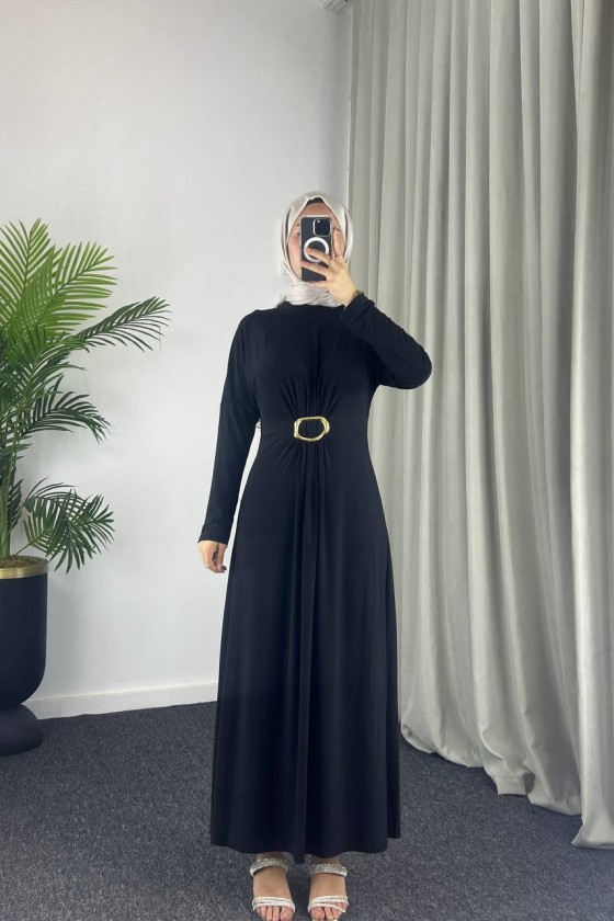 61558 - Kemerli Tesettür Elbise Si̇yah-B2