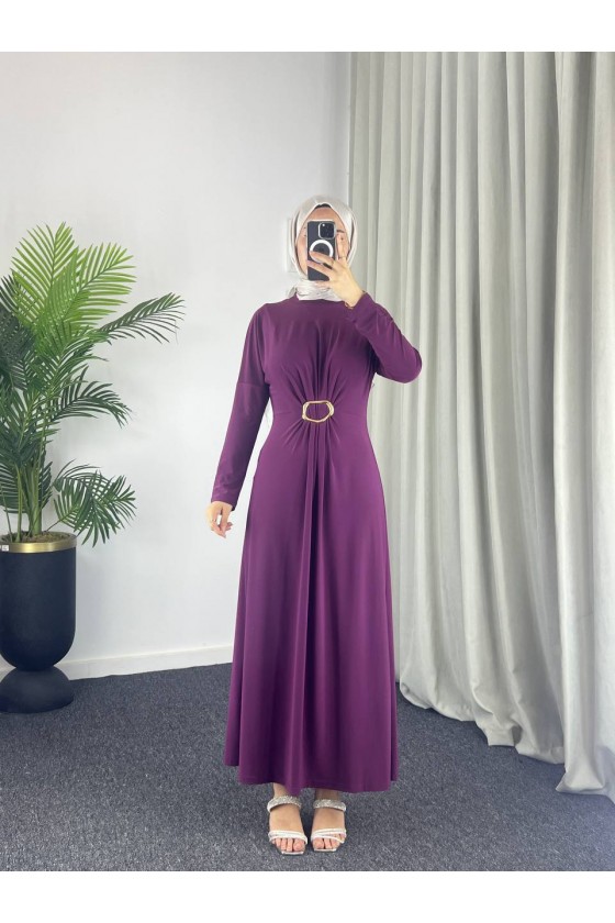 61558 - Kemerli Tesettür Elbise Mor-B2