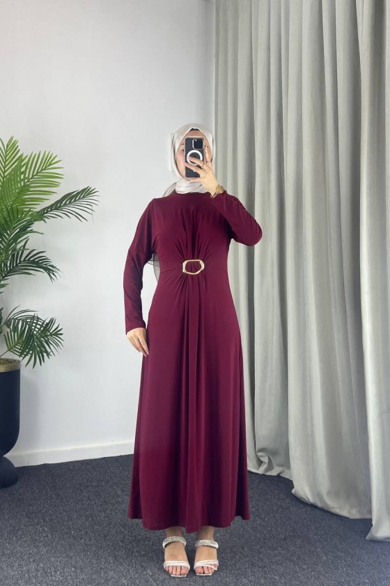 61558 - Kemerli Tesettür Elbise Bordo-B2