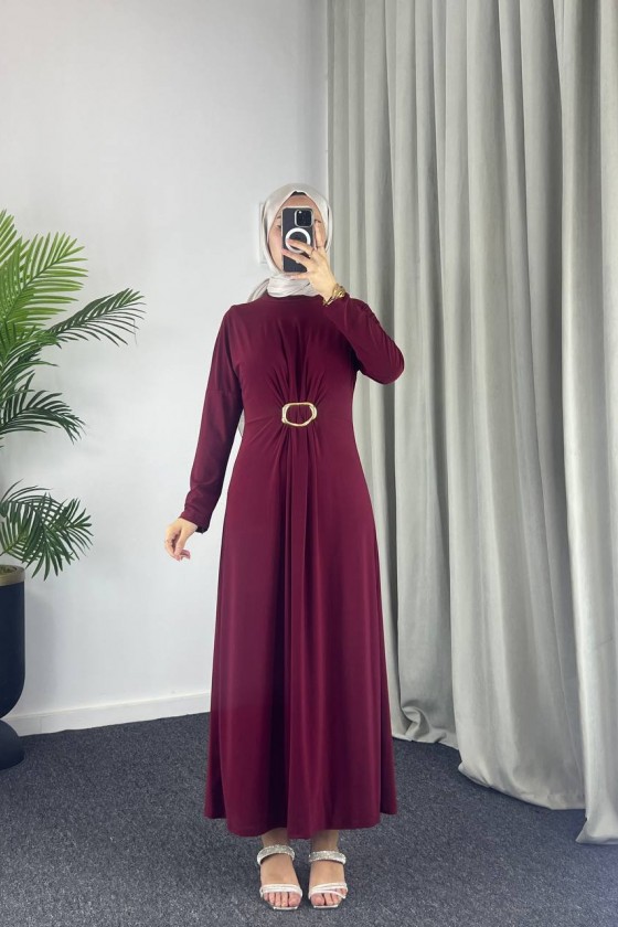 61558 - Kemerli Tesettür Elbise Bordo-B2