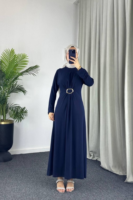 61558 - Kemerli Tesettür Elbise Laci̇vert-B2